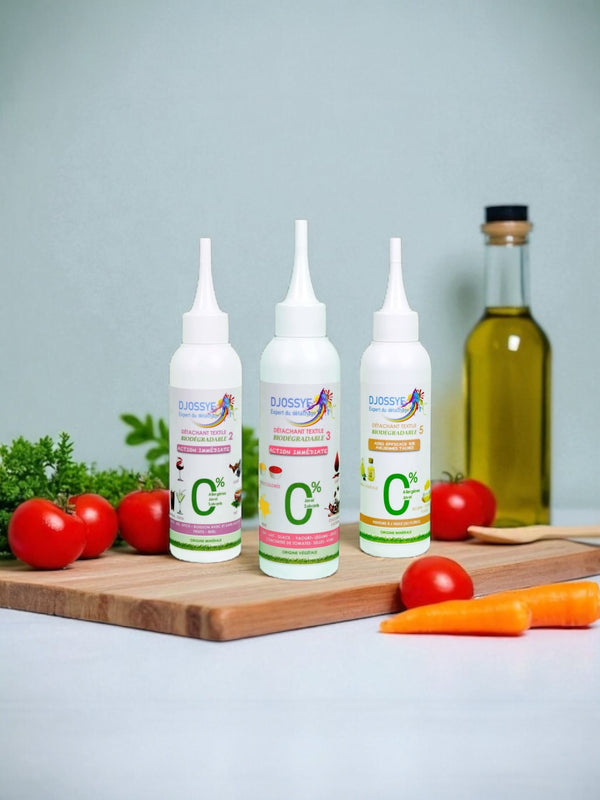 Trois détachants textiles (n°2, n°3 et n°5) pour traiter les taches alimentaires, de boissons et de peinture à l’huile sur les vêtements.