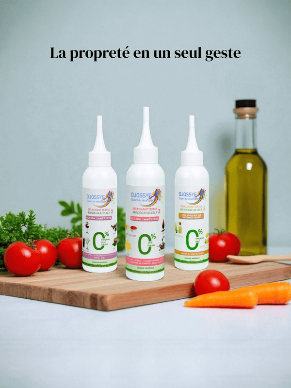 Trois détachants textiles (n°2, n°3 et n°5) pour traiter les taches alimentaires, de boissons et de peinture à l’huile sur les vêtements.
