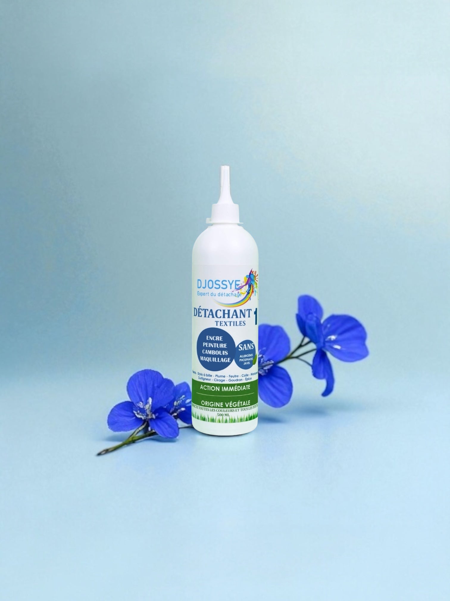 Détachant professionnel écologique Djossye pour blanchisserie, élimine les taches grasses synthétiques tenaces comme l'encre, le cirage et le goudron.