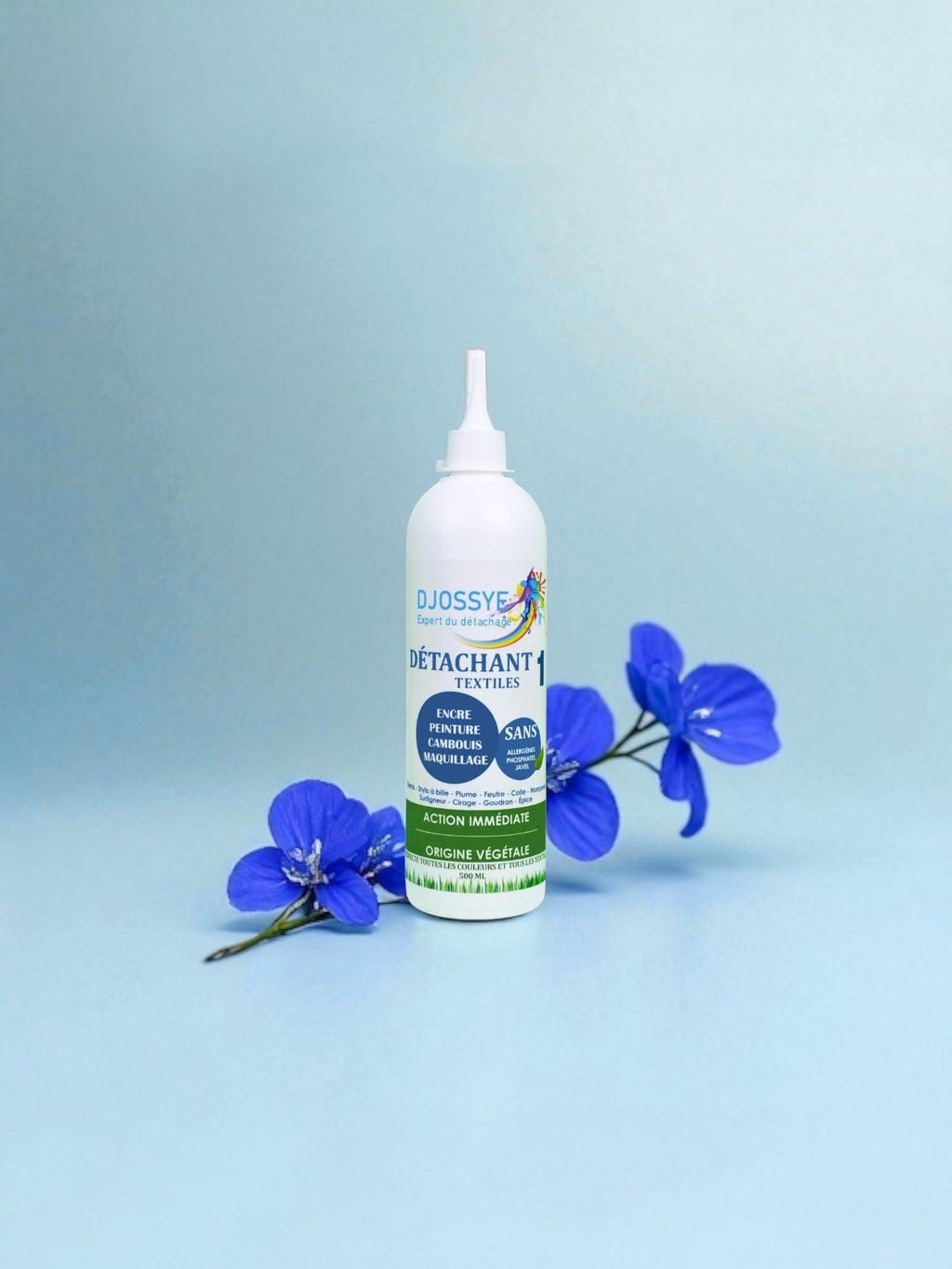 Détachant professionnel écologique Djossye pour blanchisserie, élimine les taches grasses synthétiques tenaces comme l'encre, le cirage et le goudron.