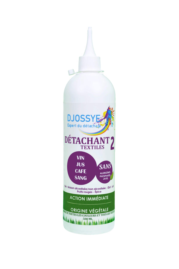 Détachant écologique 2 blanc et violet 500ml contre les taches de café, de jus, alcool et de fruits rouges avec bouchon canule